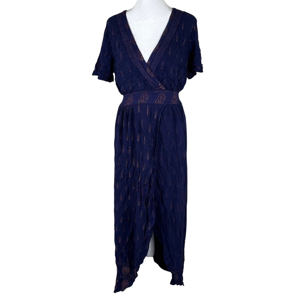 Lapogee Maxi Dress Women M Blue Bohemian Gold Embroidered V-Neck Short‎ Sleeve